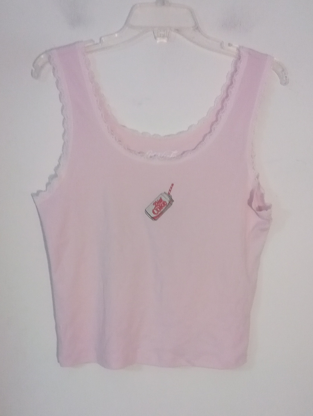 * Coca Cola Pink Lace-Trim Tank Top Large NWT Lightweight Embroidery Crop